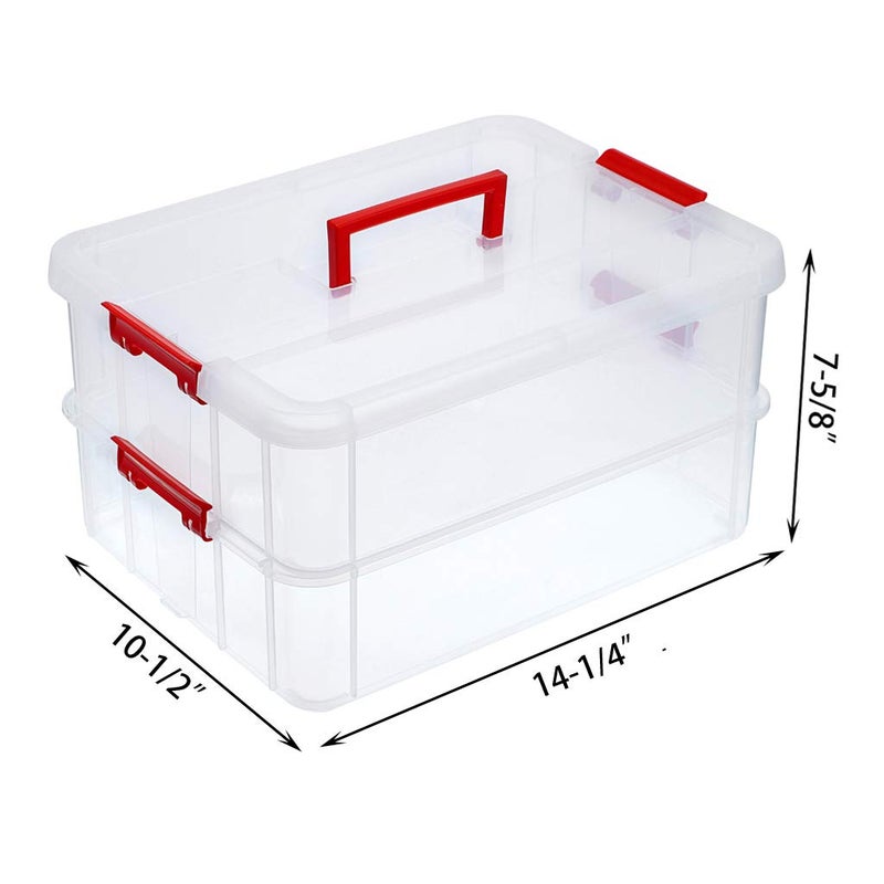 JUXYES 2-Tiers Stack Carry Storage Box With Handle, Transparent Stackable Storage Bin With Handle Lid Latching Storage Container for School & Office Supplies (Red) - Image 2